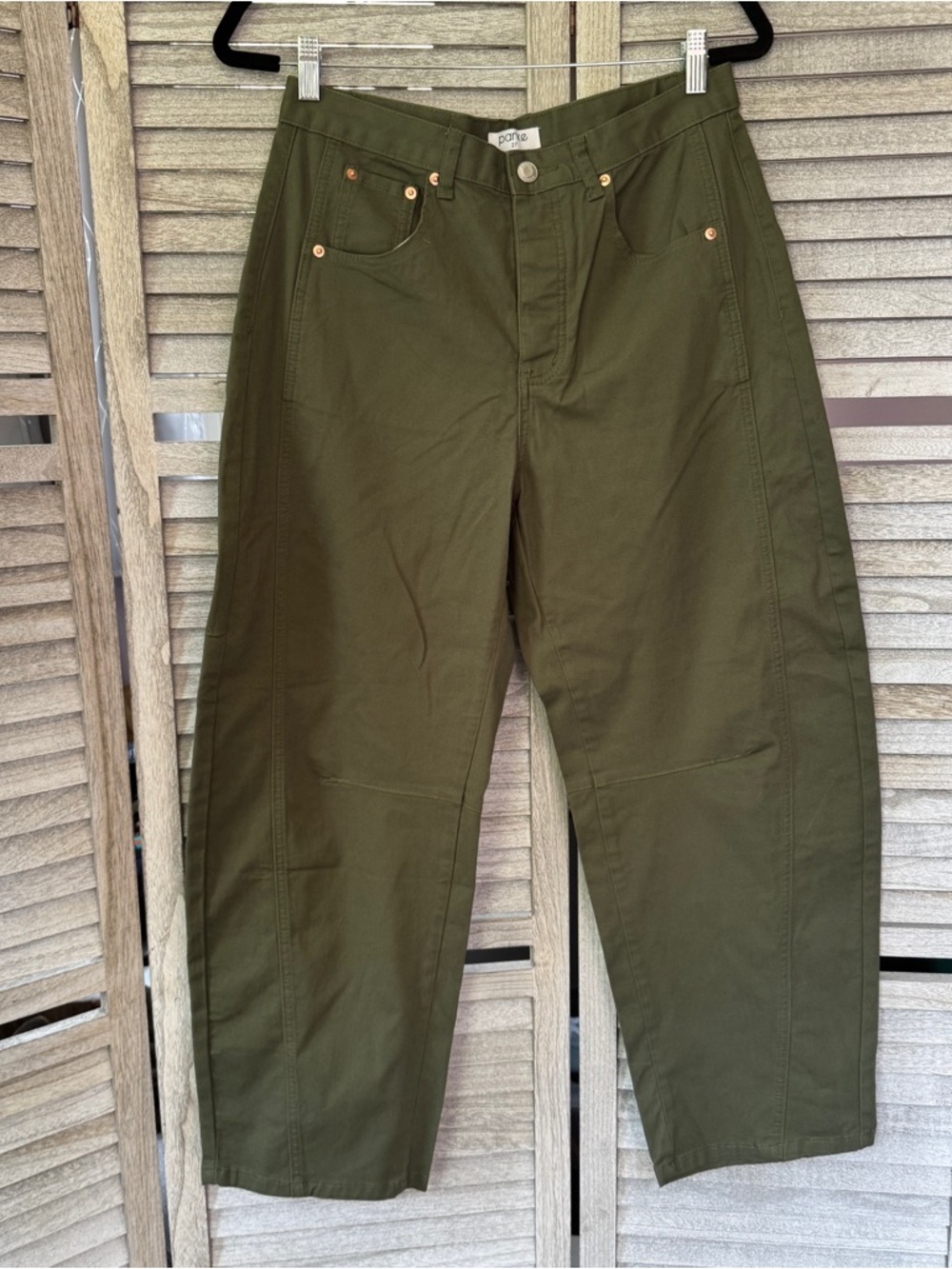 Parke Cotton Twill Horseshoe Barrel Leg Pants Size 27 Olive Army Green